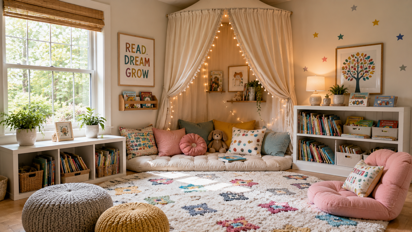 Children’s reading nook with canopy, colorful cushions, and low bookshelves.