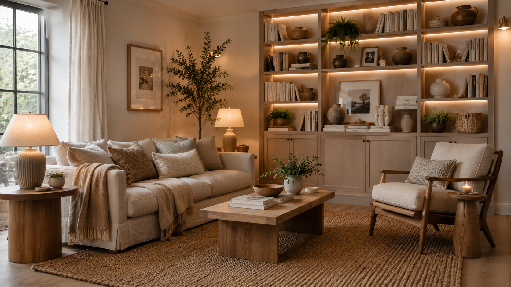 Neutral reading lounge with linen sofa, jute rug, and warm ambient light.