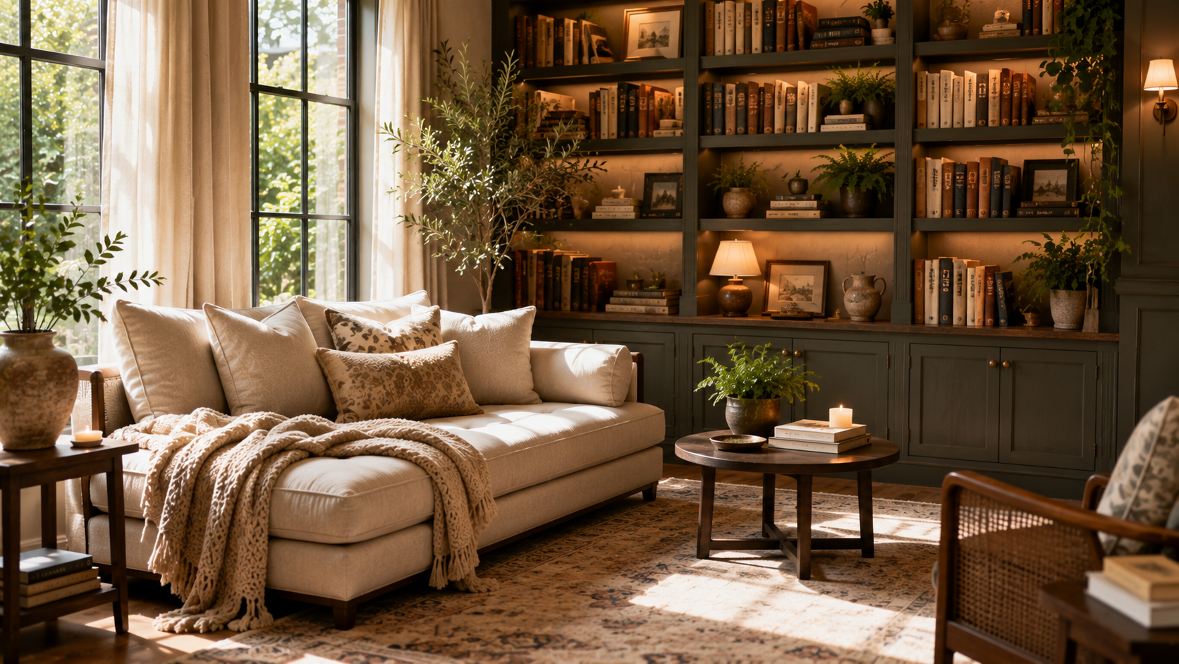 Reading room with upholstered daybed, pillows, soft blanket, and bookshelf backdrop.