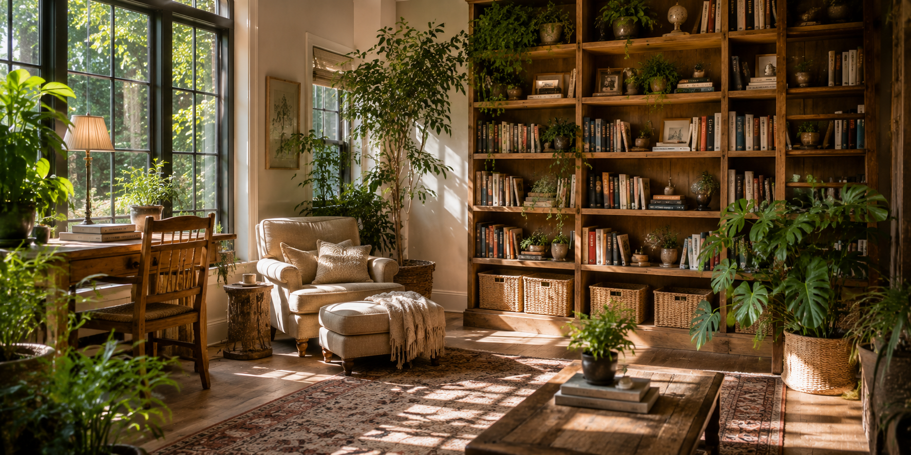Reading room with indoor plants, wood furniture, and dappled natural light