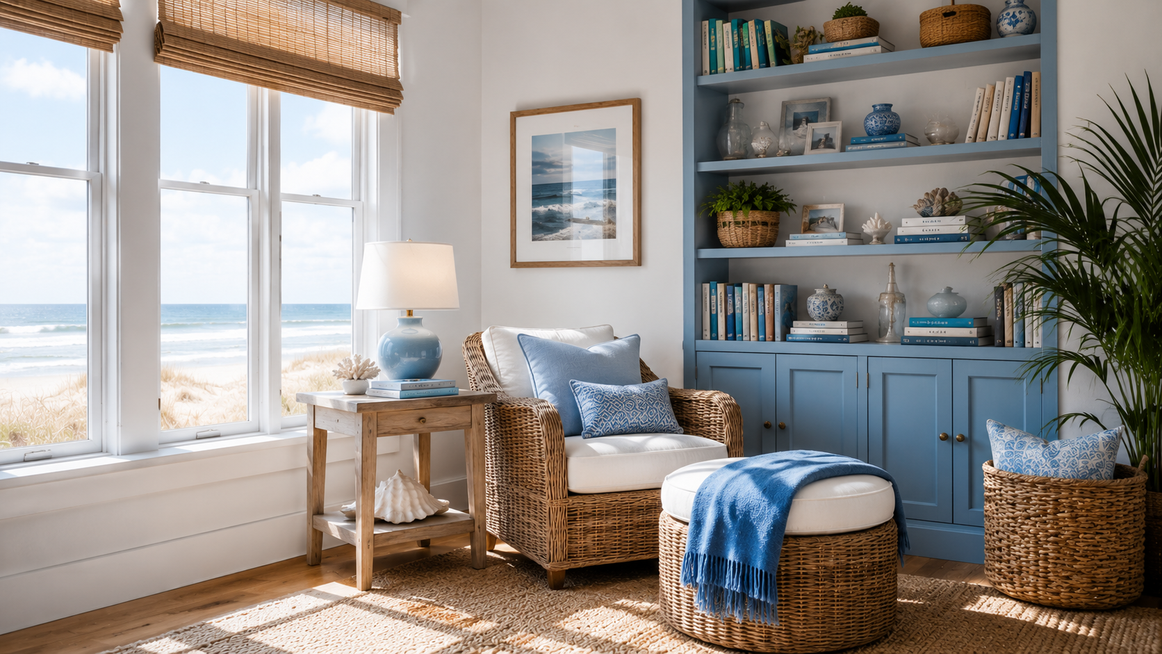 Coastal reading space with blue and white palette, wicker furniture, and sunlight.