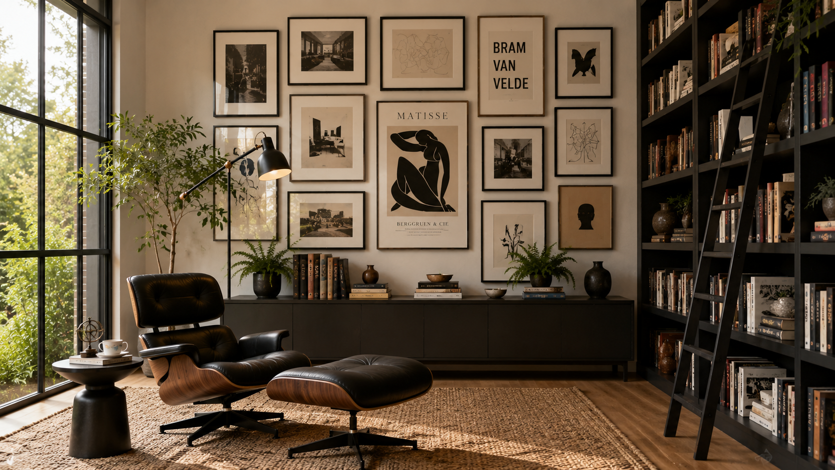 Artistic reading room with gallery wall, bookshelves, and modern minimalist chair.