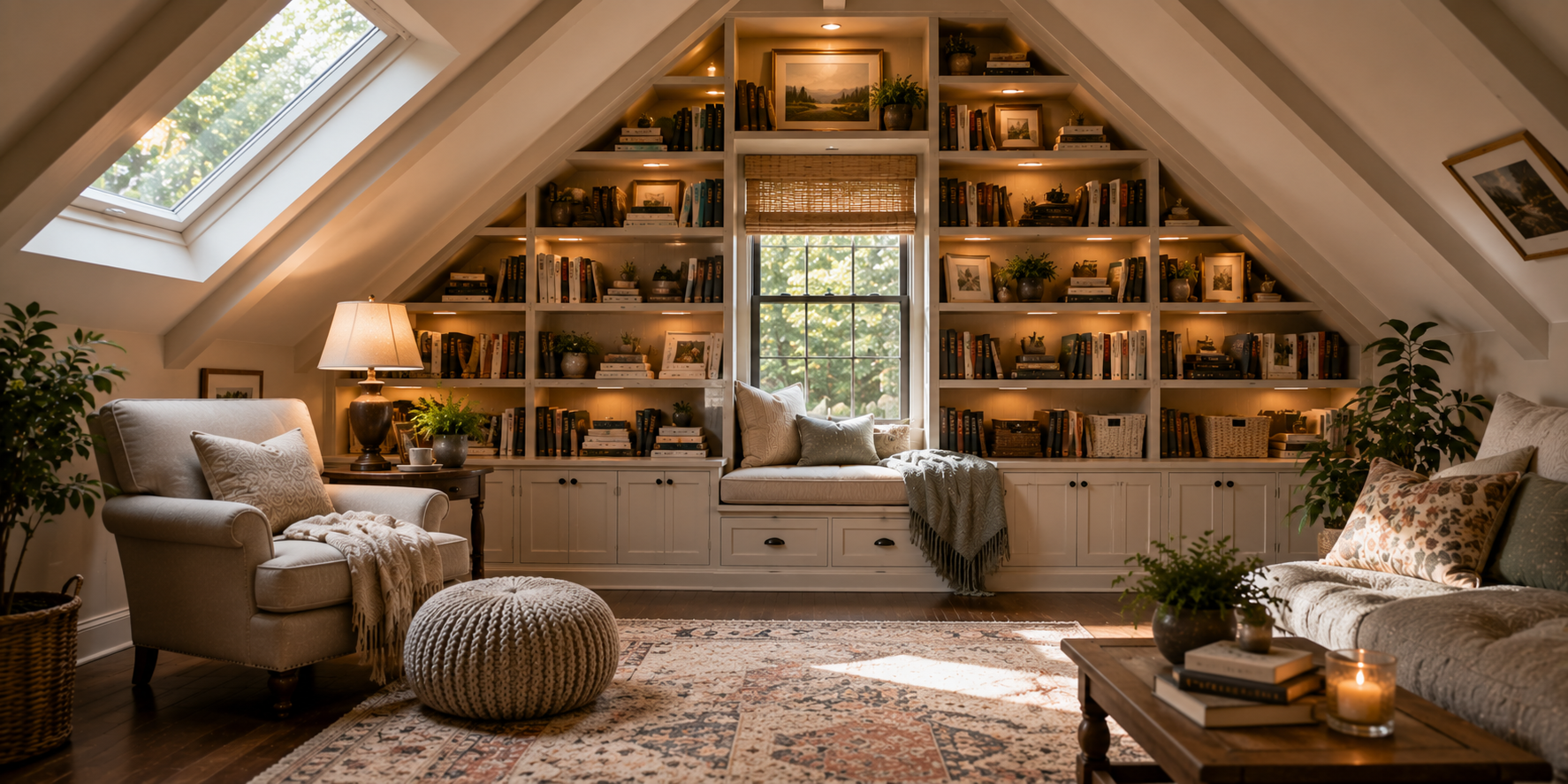 Attic reading room with skylight, sloped walls, built-in shelves, and soft warm lighting.