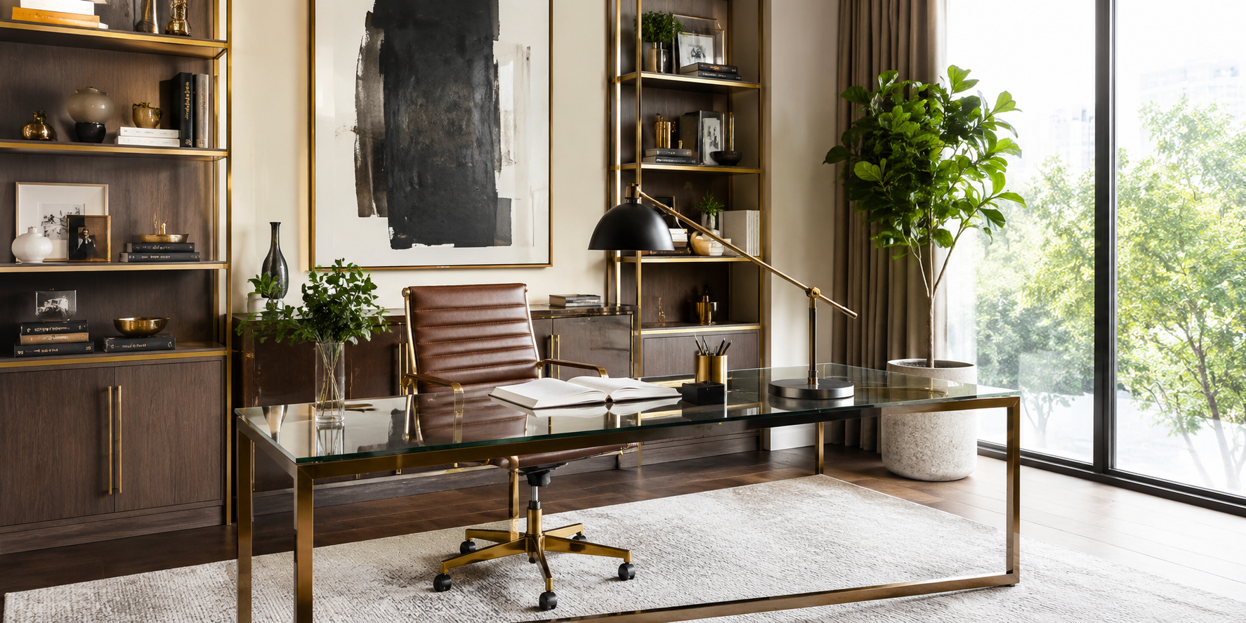 Luxe home office with glass and brass desk, leather chair, and elegant modern décor.