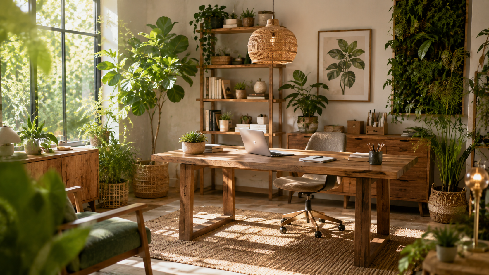 Nature-inspired home office with greenery, wood finishes, and sunlight filtering through the window.