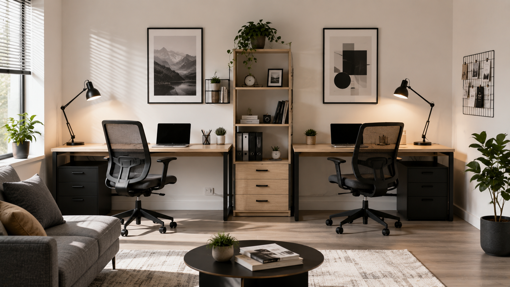 Dual desk workspace with matching chairs, individual lamps, and a clean modern layout.
