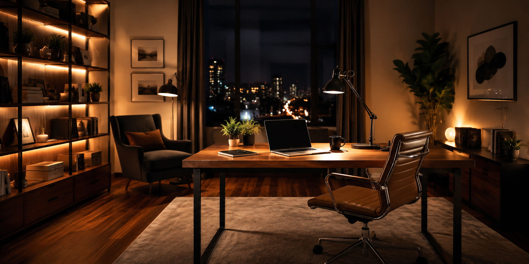 Nighttime home office with desk lamp, warm lighting, and softly illuminated wall accents.