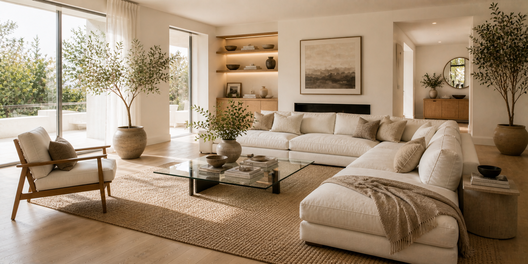 Contemporary living room with low-profile sectional, glass coffee table, and neutral color palette with airy ambiance.