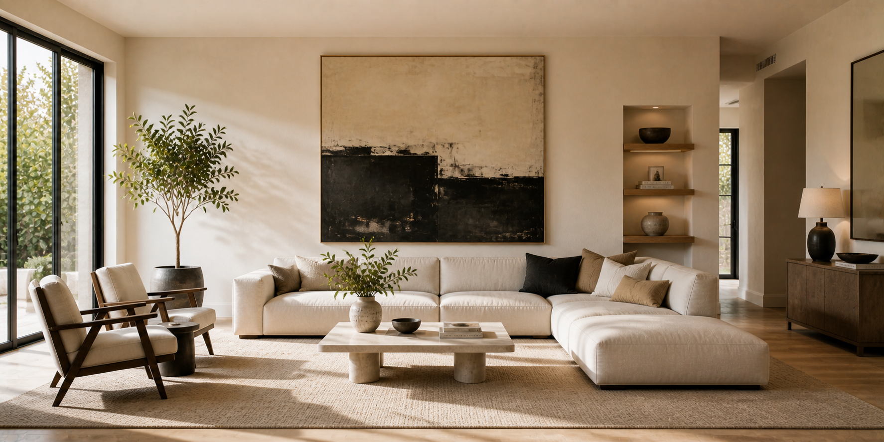 Contemporary living room featuring a large abstract painting as the focal point, minimal furniture, and soft natural lighting.