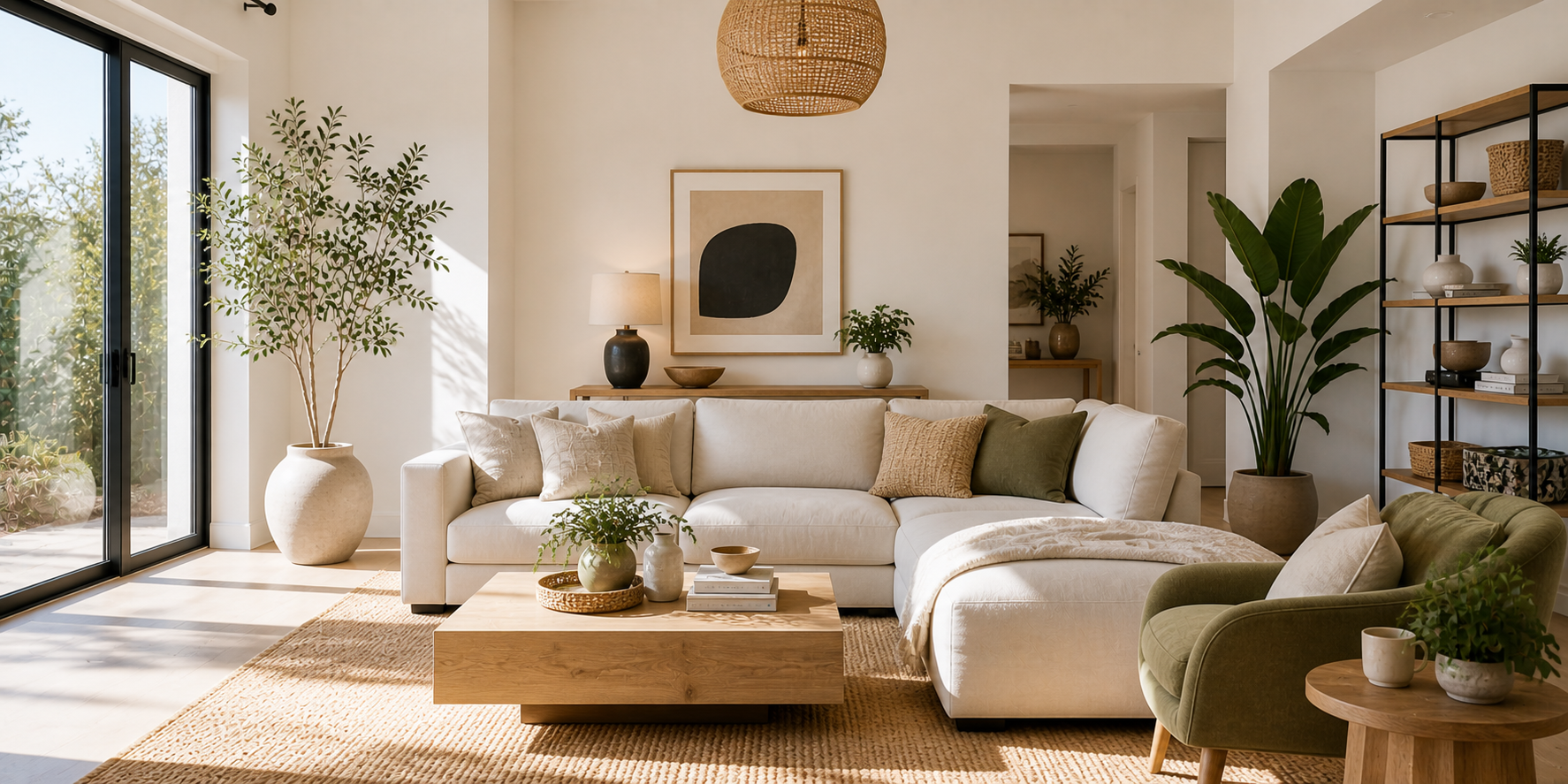 Bright living room with contemporary furniture and large potted plants, minimalist decor, and natural sunlight.