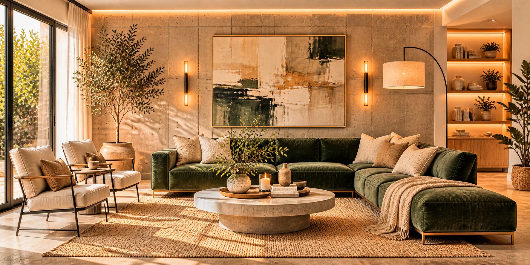 Modern living room showcasing material contrast: velvet sofa, concrete wall, and woven rug with layered lighting.