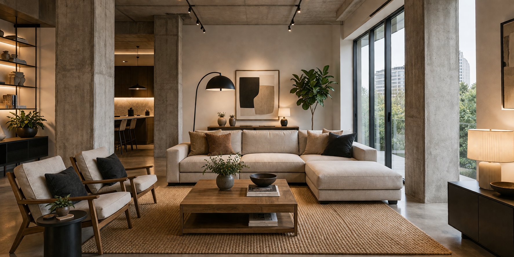 Contemporary living room with exposed concrete columns, minimalist furniture, and warm layered lighting for contrast.