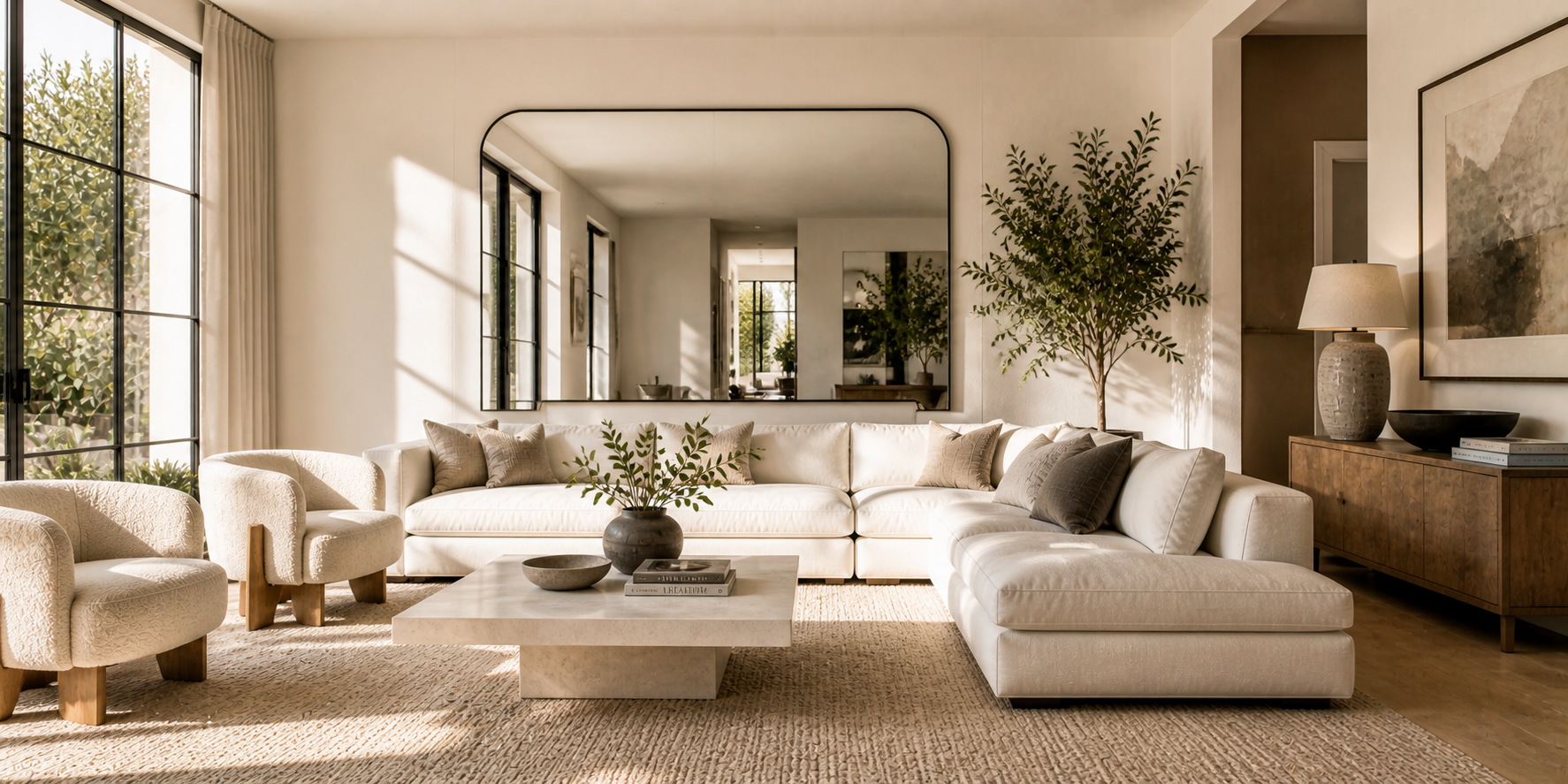 Contemporary living room featuring oversized wall mirror, natural light reflection, and neutral modern furniture.