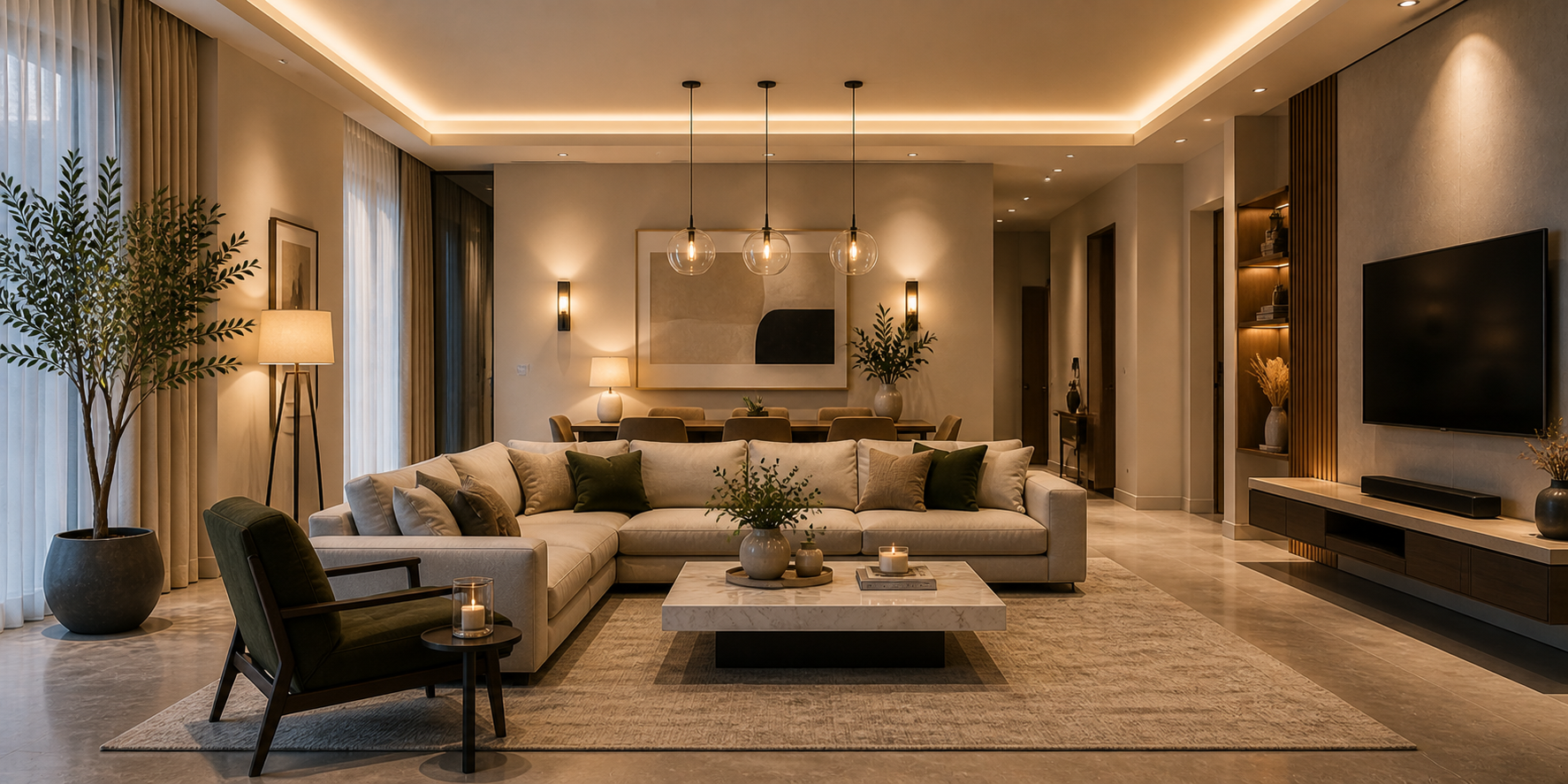 Contemporary living room with layered lighting: pendant, wall sconces, recessed ceiling LEDs, and floor lamp highlights.