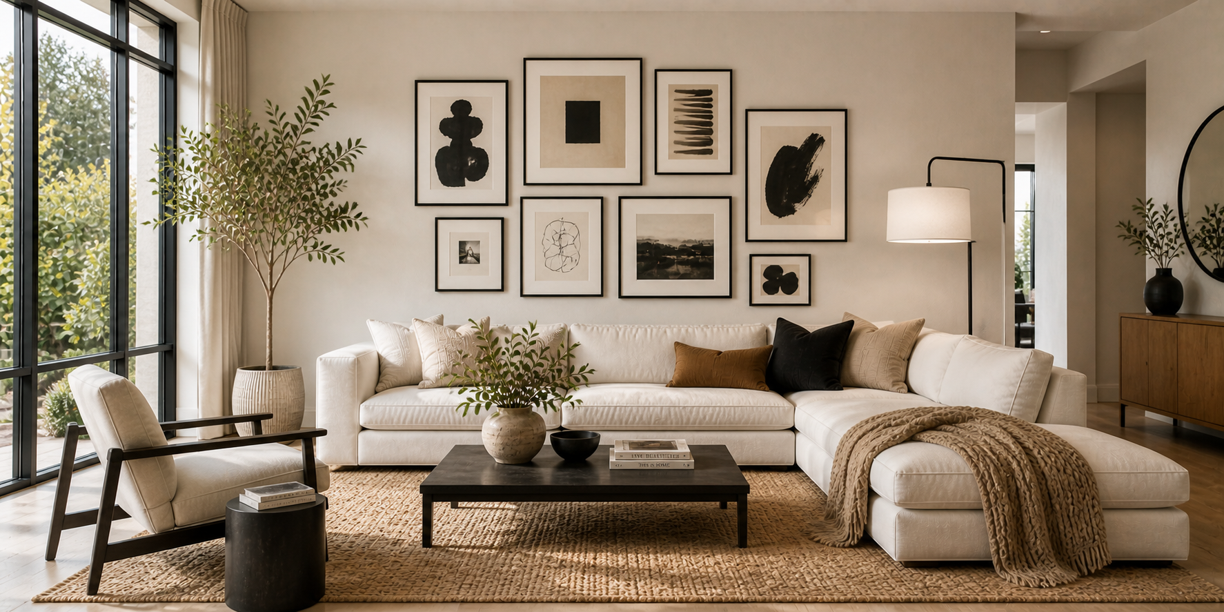 Modern gallery wall with black frames and abstract artwork in a neutral living room setting.