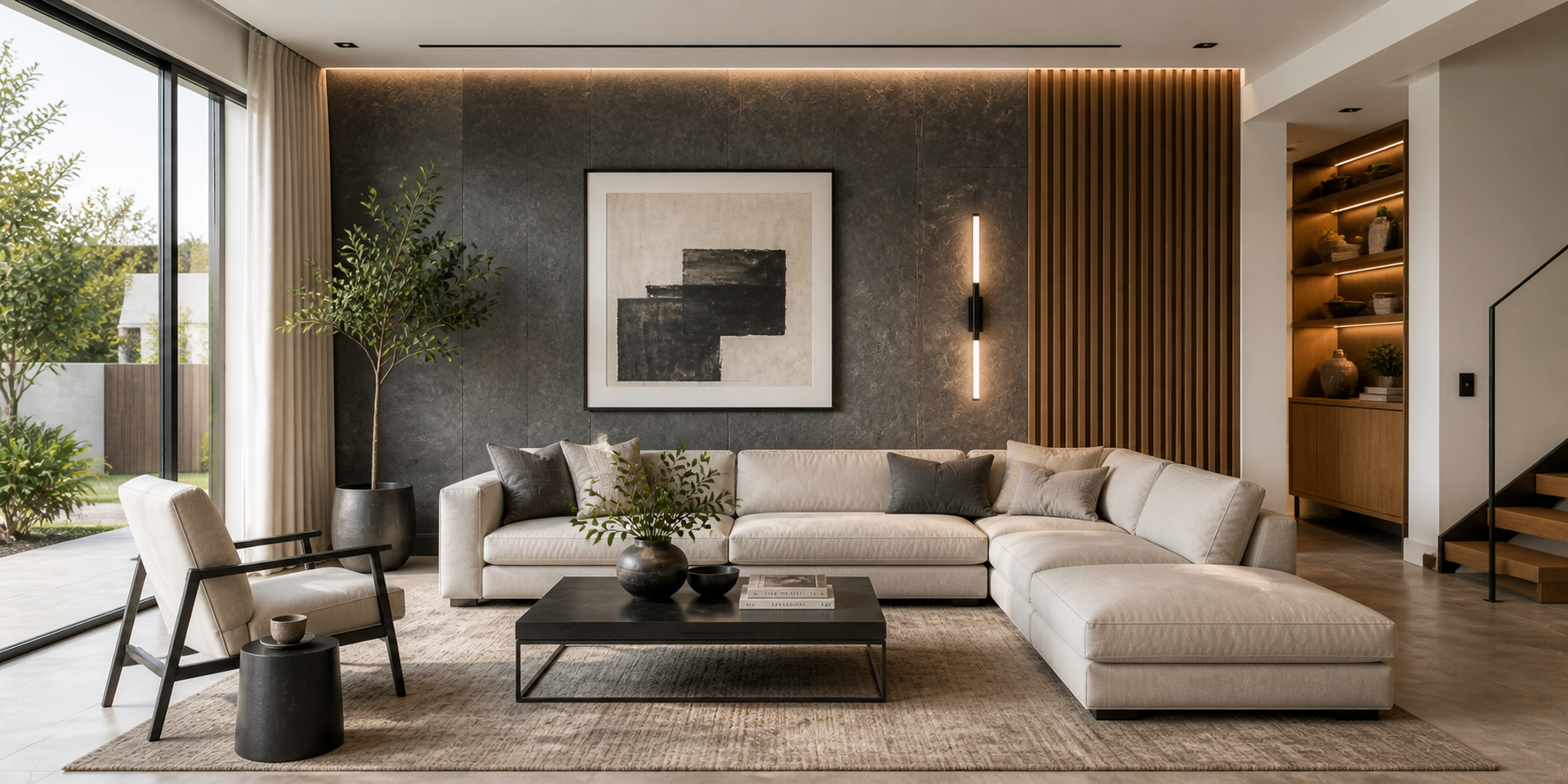 Contemporary living room featuring textured accent wall in slate gray, wooden slats, and modern furniture.