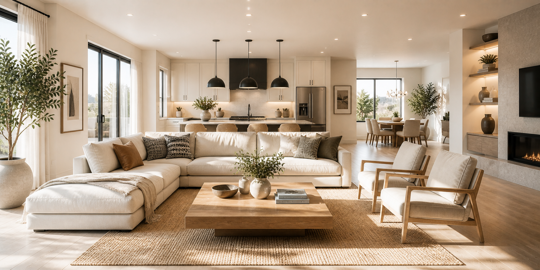 Contemporary open-plan living room with balanced furniture layout, soft textures, and natural light flow.