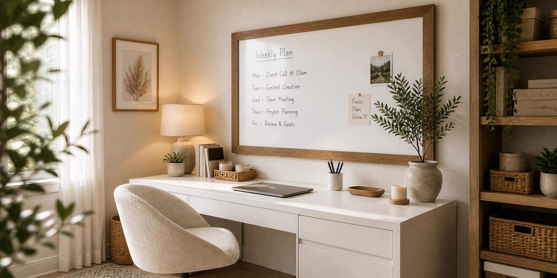 Dry-erase board framed with rustic oak trim above a white desk, surrounded by neutral decor and potted greenery.