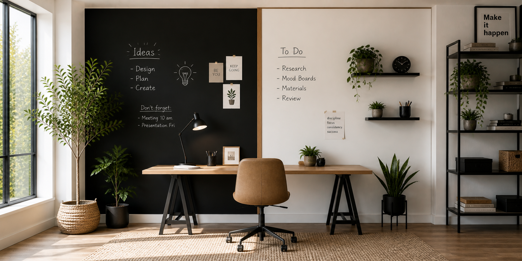 Split wall design featuring chalkboard and whiteboard panels side-by-side with slim trim divider, stylish studio setup