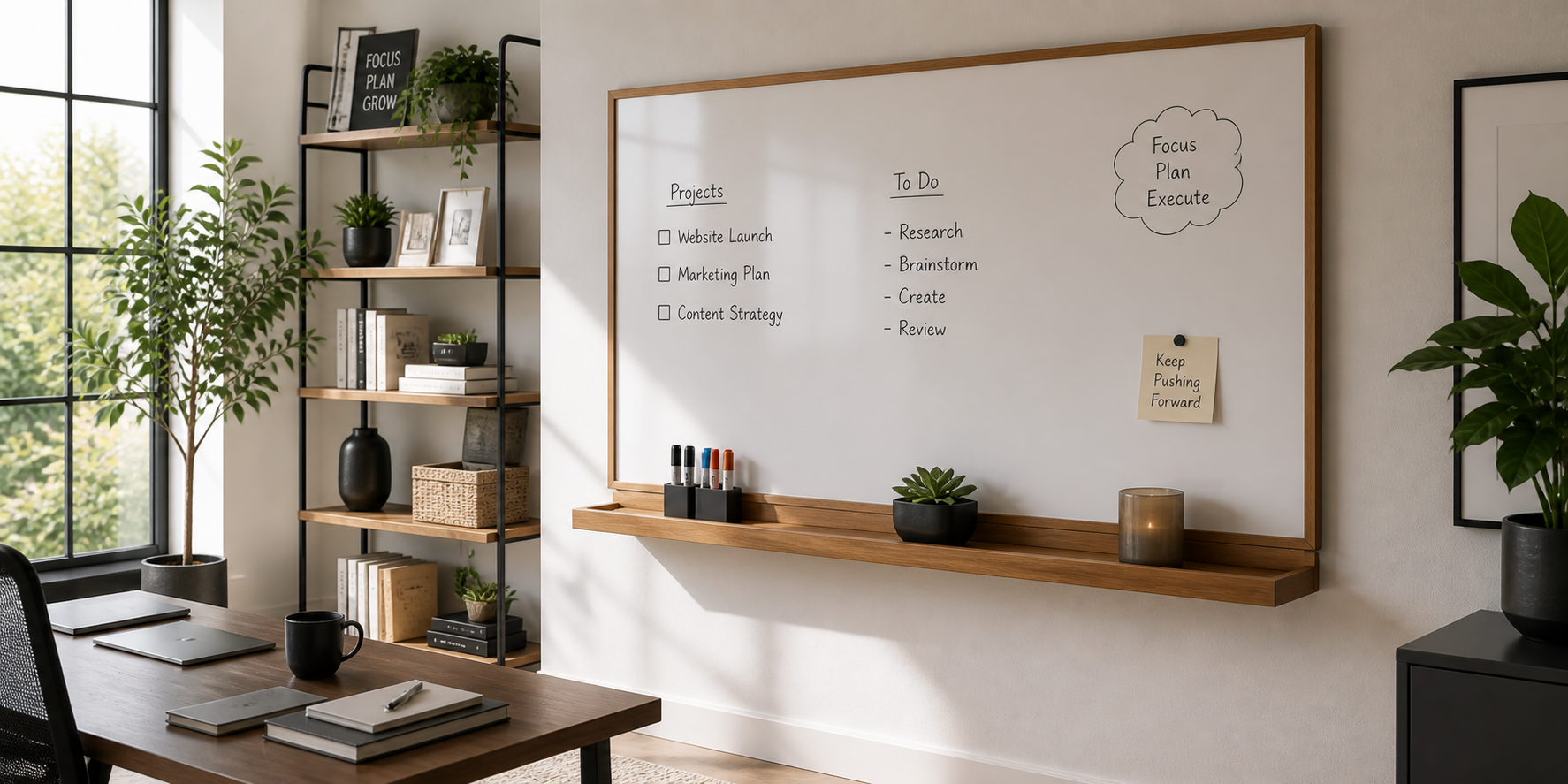 Dry-erase board with a floating wooden shelf beneath it holding markers, a succulent, and a candle, bright modern room.