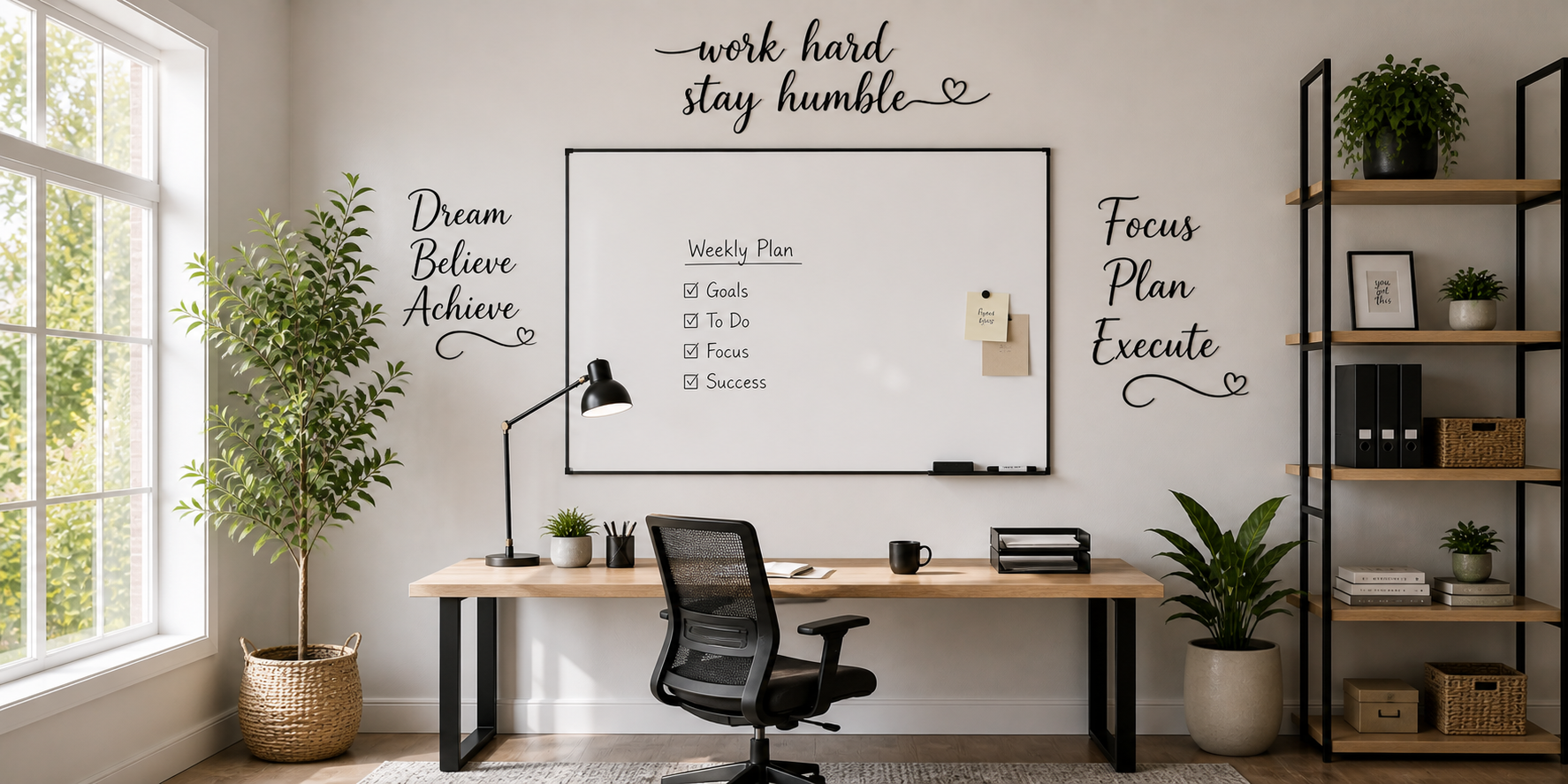 Whiteboard surrounded by black cursive wall decals with motivational phrases, bright modern workspace with neutral decor.