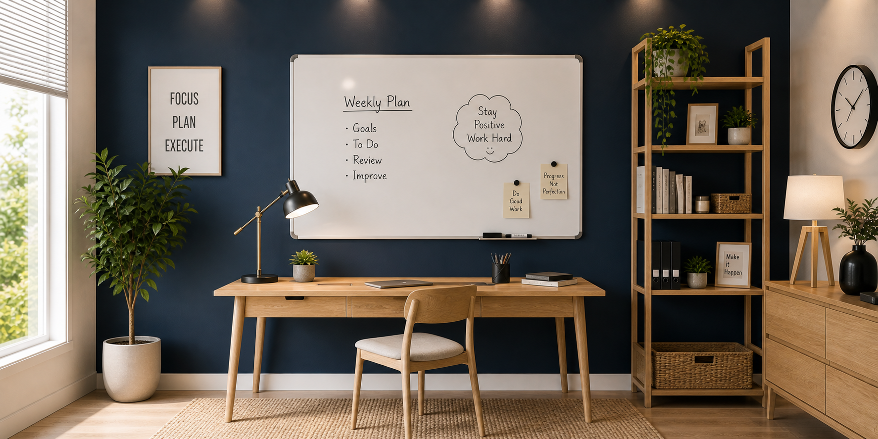 Dry-erase board mounted on dark navy accent wall, complemented by light wooden furniture and warm ambient lighting.