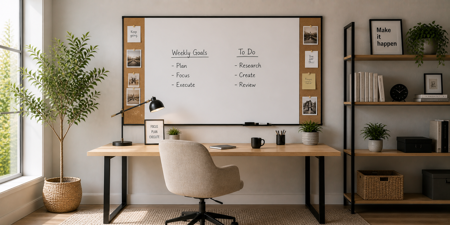 Dry erase board bordered by cork strips holding photos and notes, minimalist workspace with neutral palette.