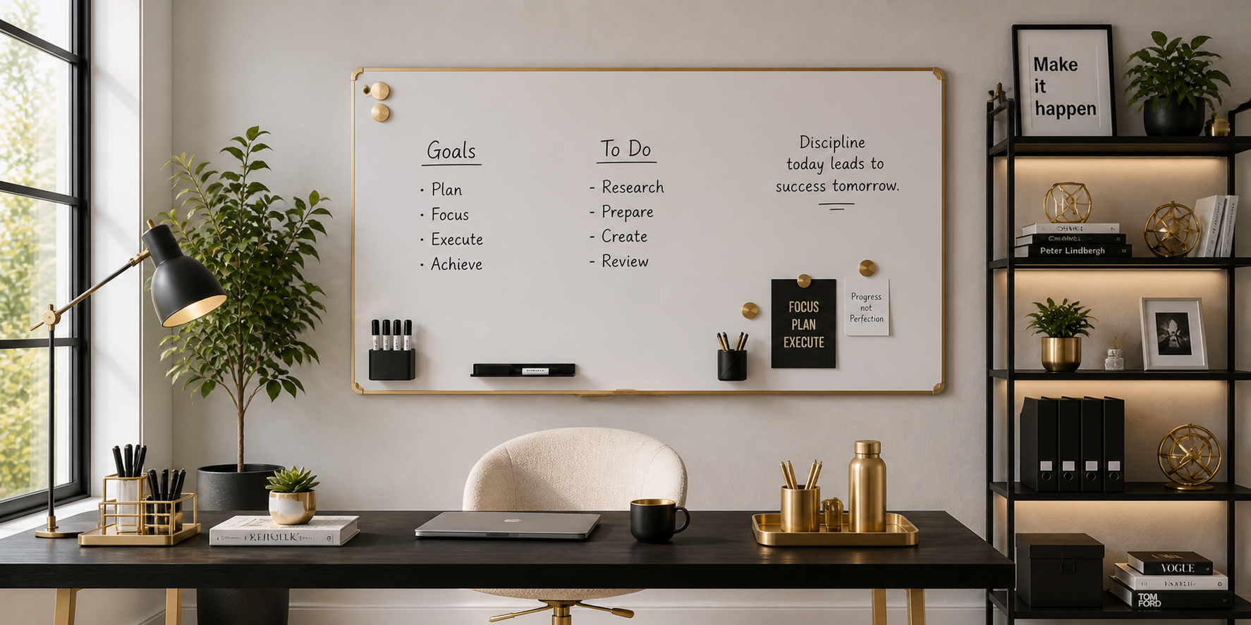 Modern dry erase board setup with gold magnets, black marker holders, and metallic accessories, sophisticated workspace lighting.