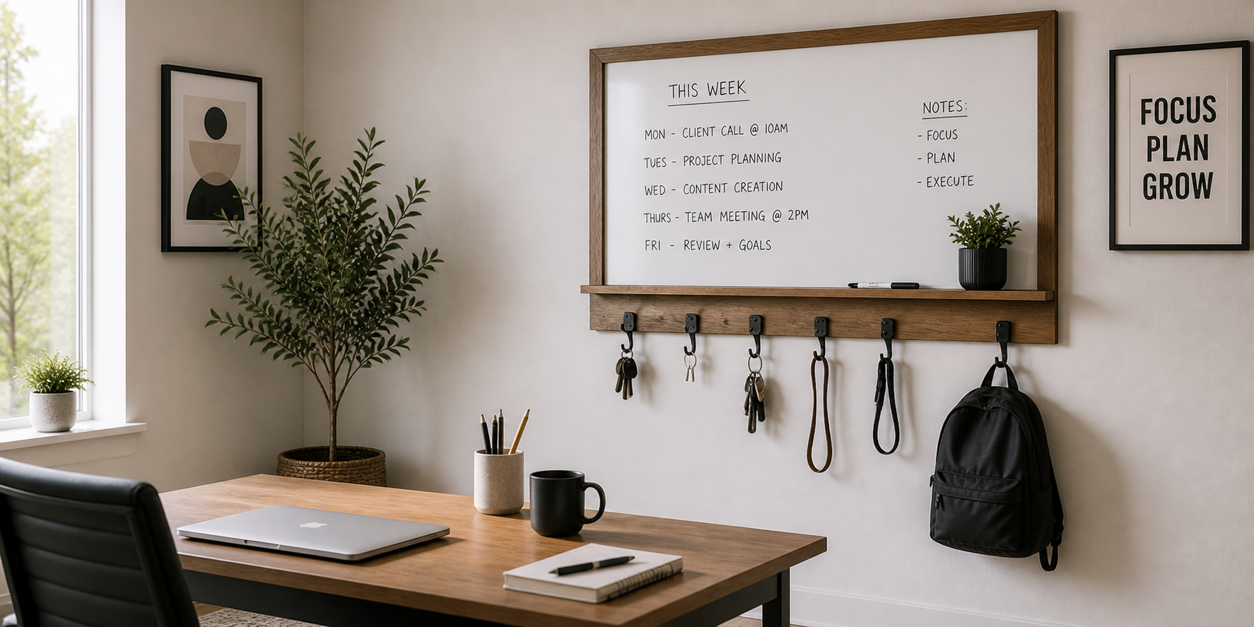 Dry-erase board with decorative black hooks underneath holding keys and accessories, minimal modern home office wall.