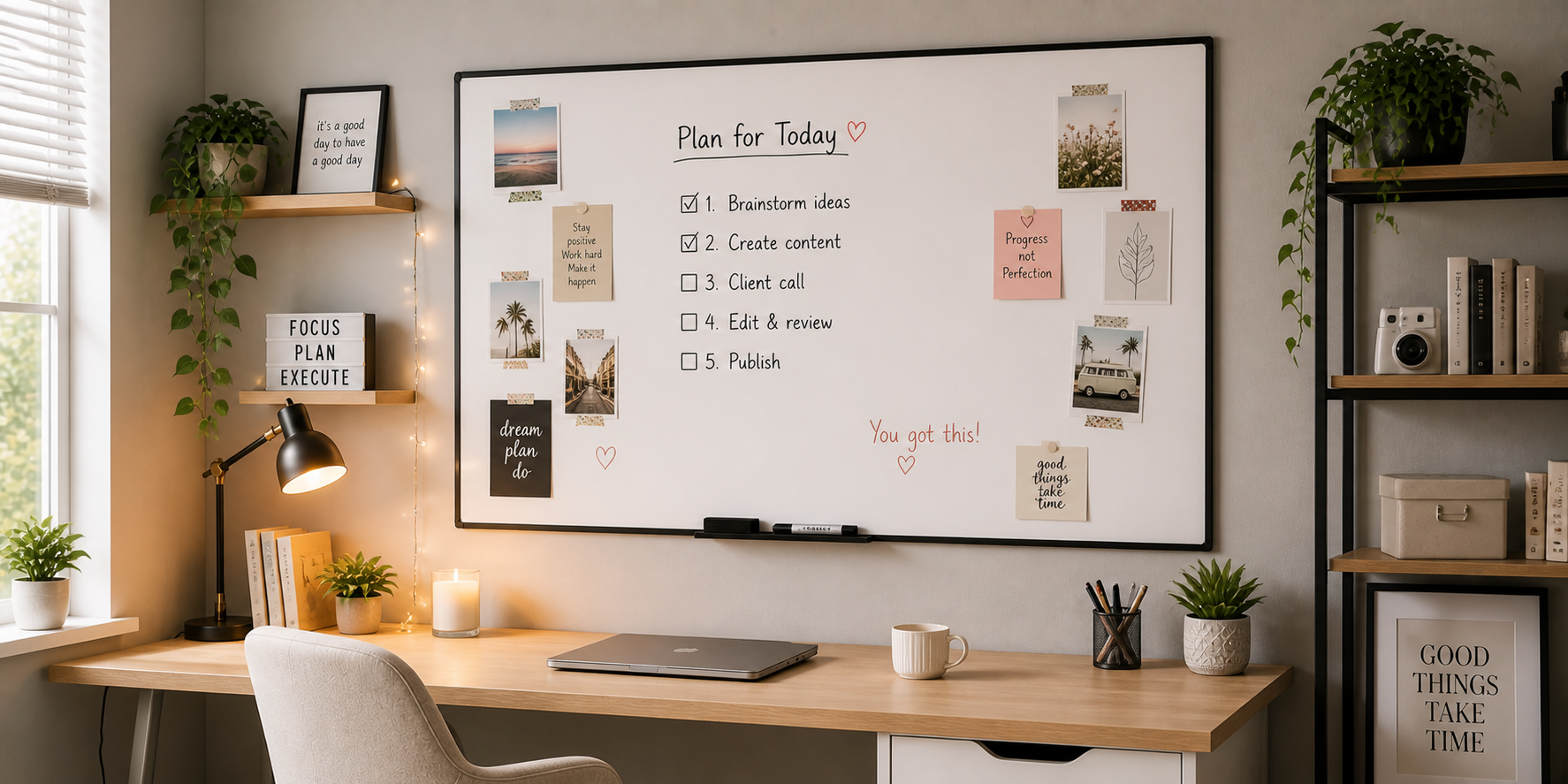 Dry-erase board decorated with Polaroids and mini art prints attached with washi tape, cozy, creative desk corner with soft lighting.
