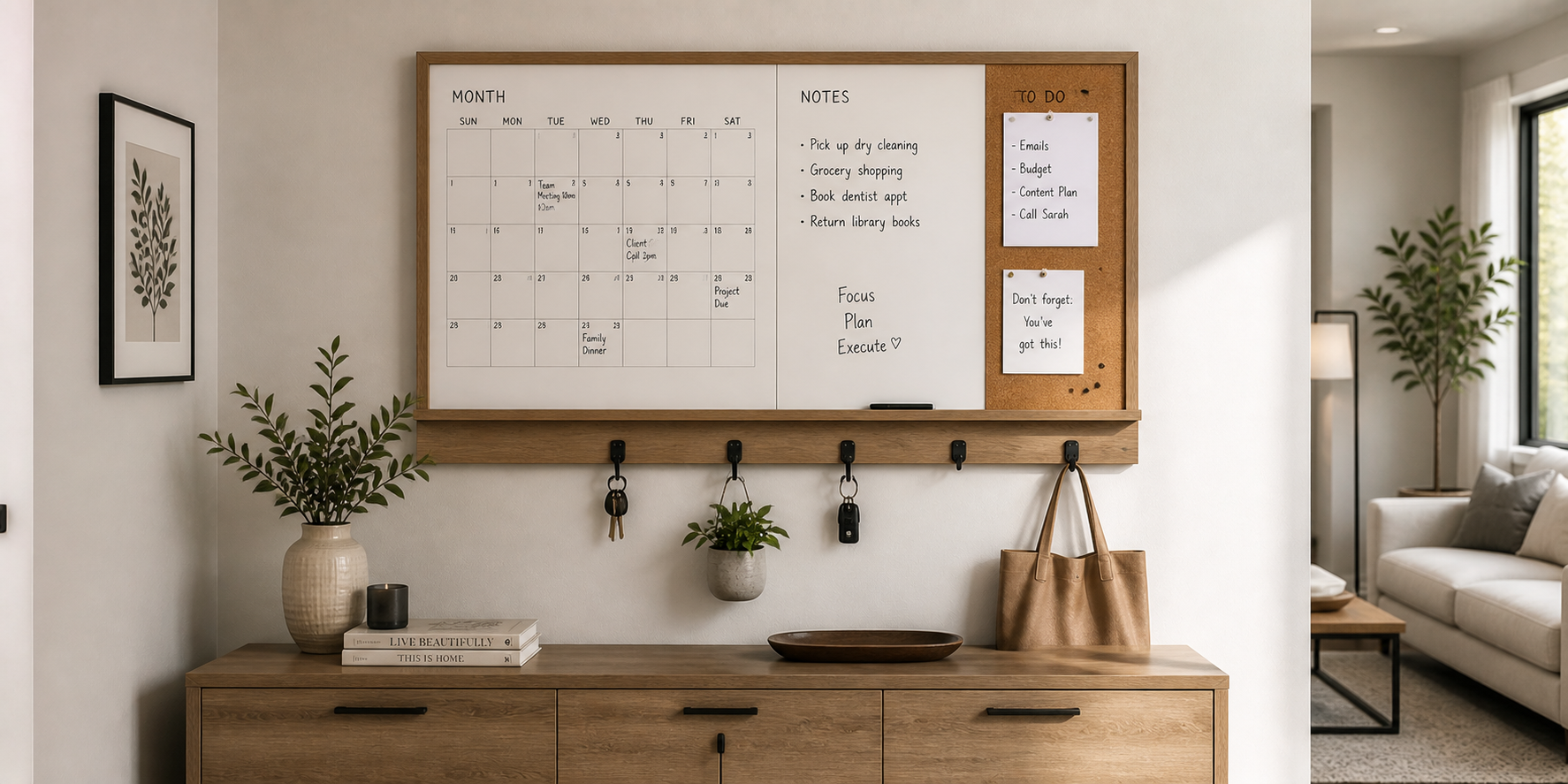 Modern home command center with whiteboard calendar, notes area, and cork strip, minimalist neutral wall, and decor styling.