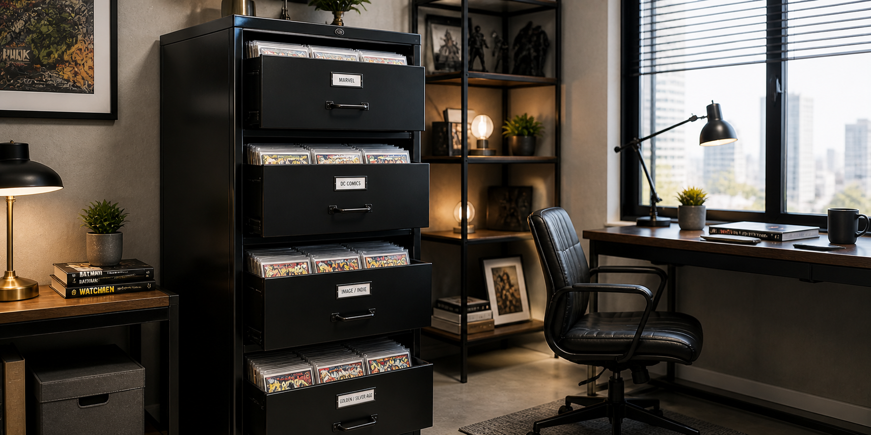 Industrial-style vertical file cabinet filled with comics in protective sleeves, labeled drawers, and matte black finish in a modern study setting.