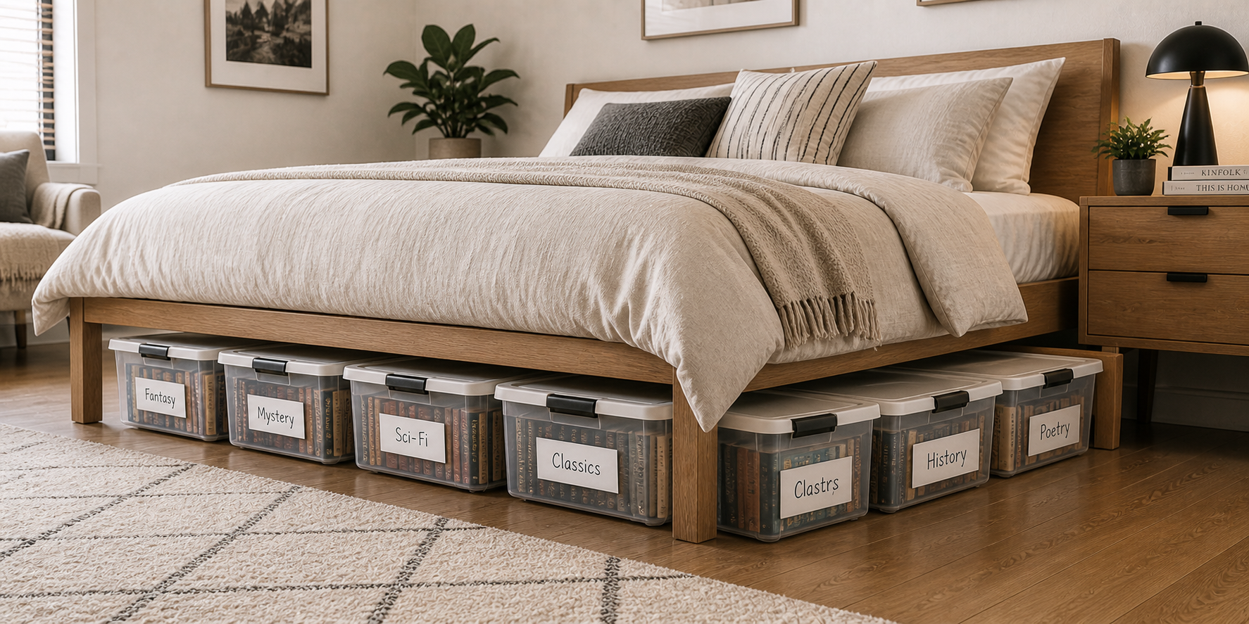 Under-bed comic book storage bins, clear plastic with labeled lids, in a tidy modern bedroom setting with wood floors and ambient light.