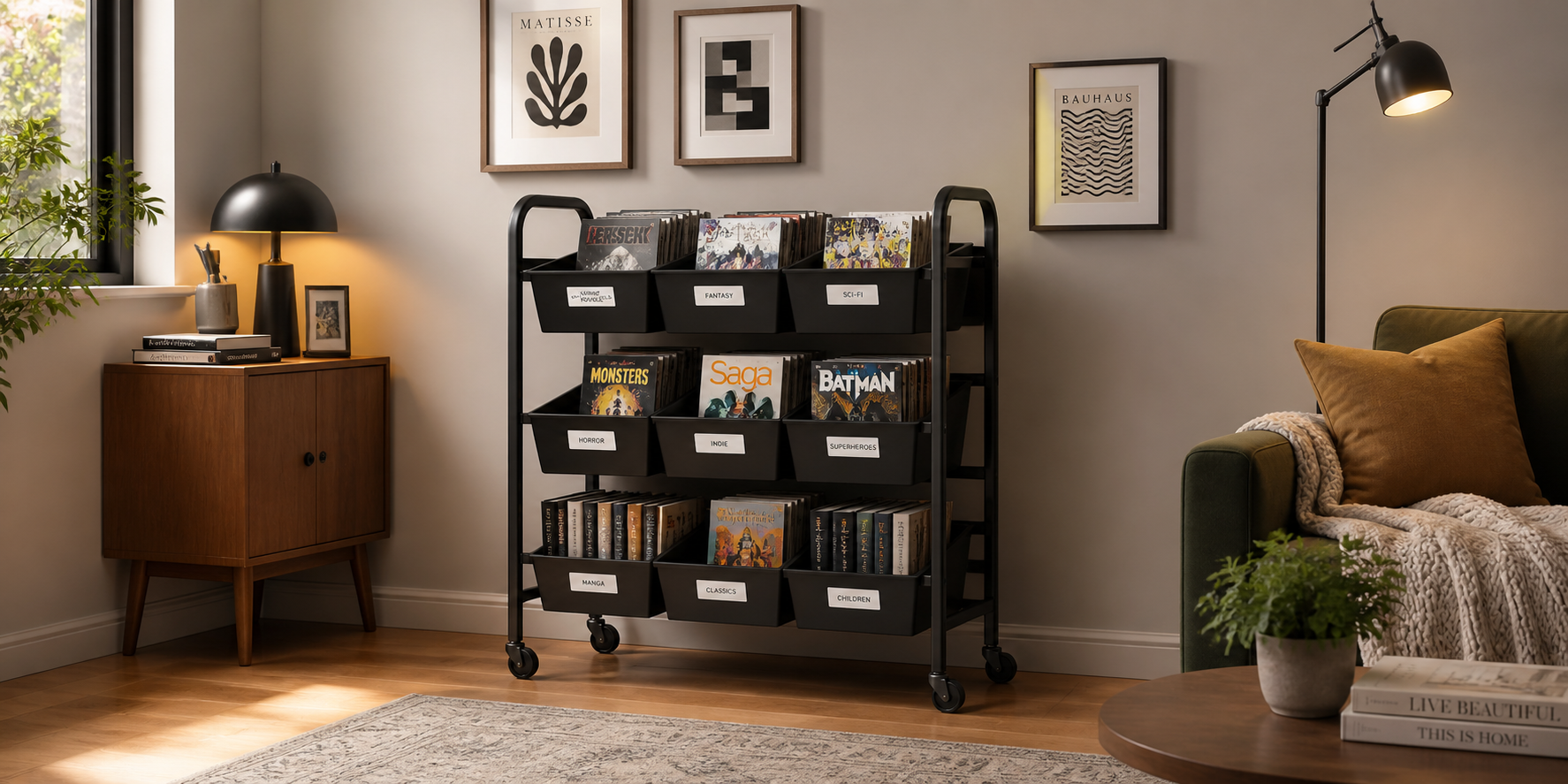 Modern metal rolling cart filled with comics in labeled bins, minimalist decor, soft lighting, and hardwood floor.