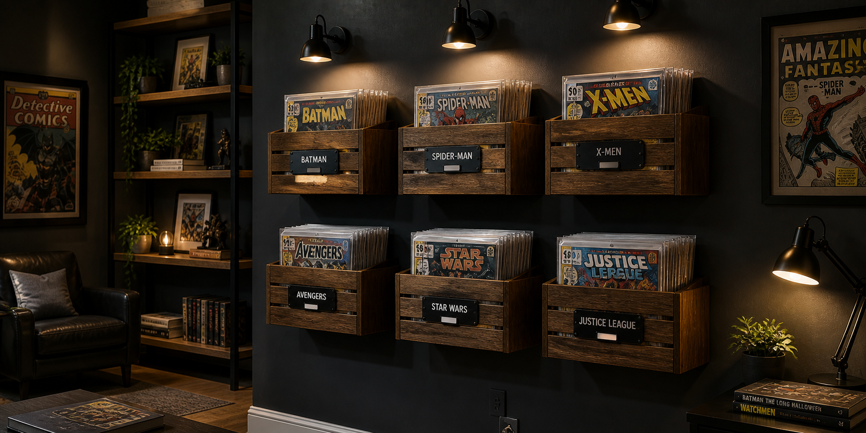 Wall-mounted wooden file crates filled with comics, labeled edges, spotlight lighting, and dark matte walls for moody contrast.
