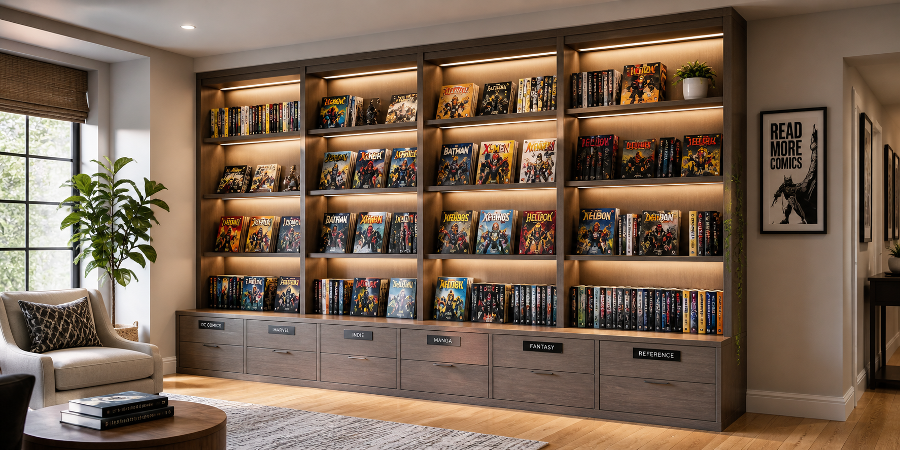 Custom-built-in comic library wall with recessed lighting, matte wood finish, and organized, labeled storage drawers beneath shelving