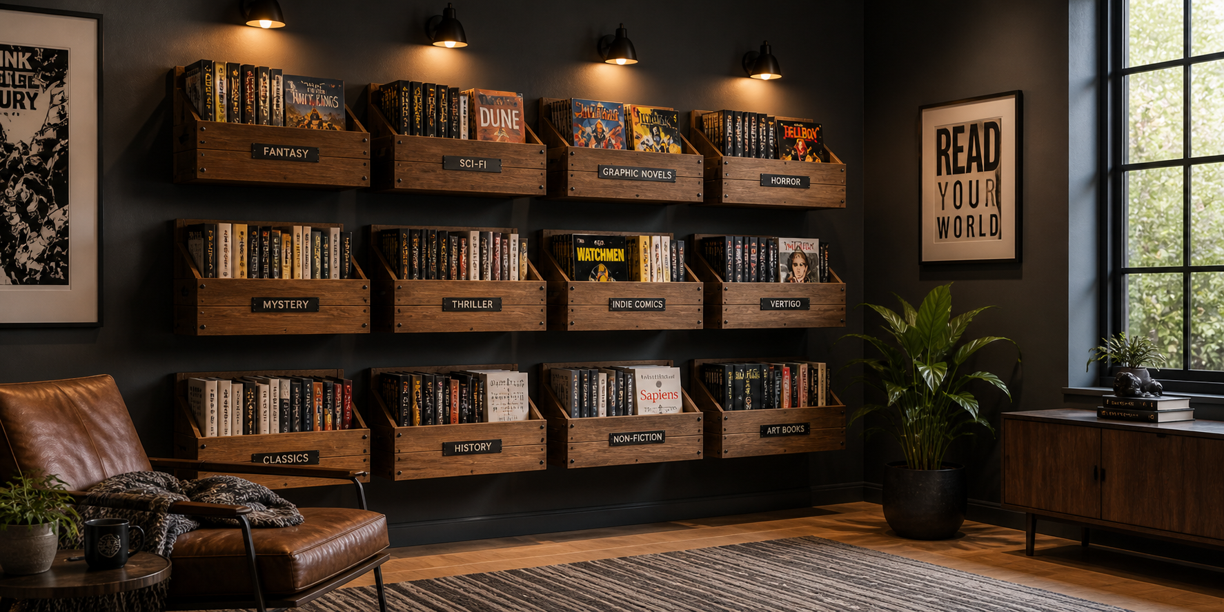 Wall-mounted wooden file crates filled with comics, labeled edges, spotlight lighting, and dark matte walls for moody contrast.