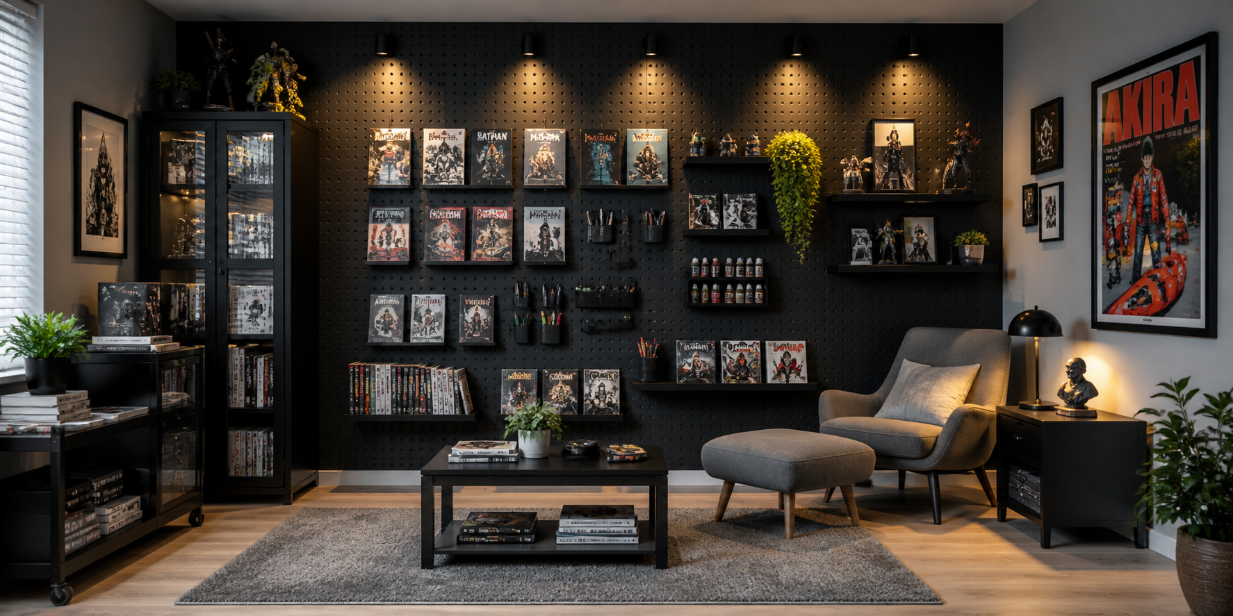 Modern collector room featuring a black pegboard wall with hanging comic supplies, small display shelves, and warm spotlighting.