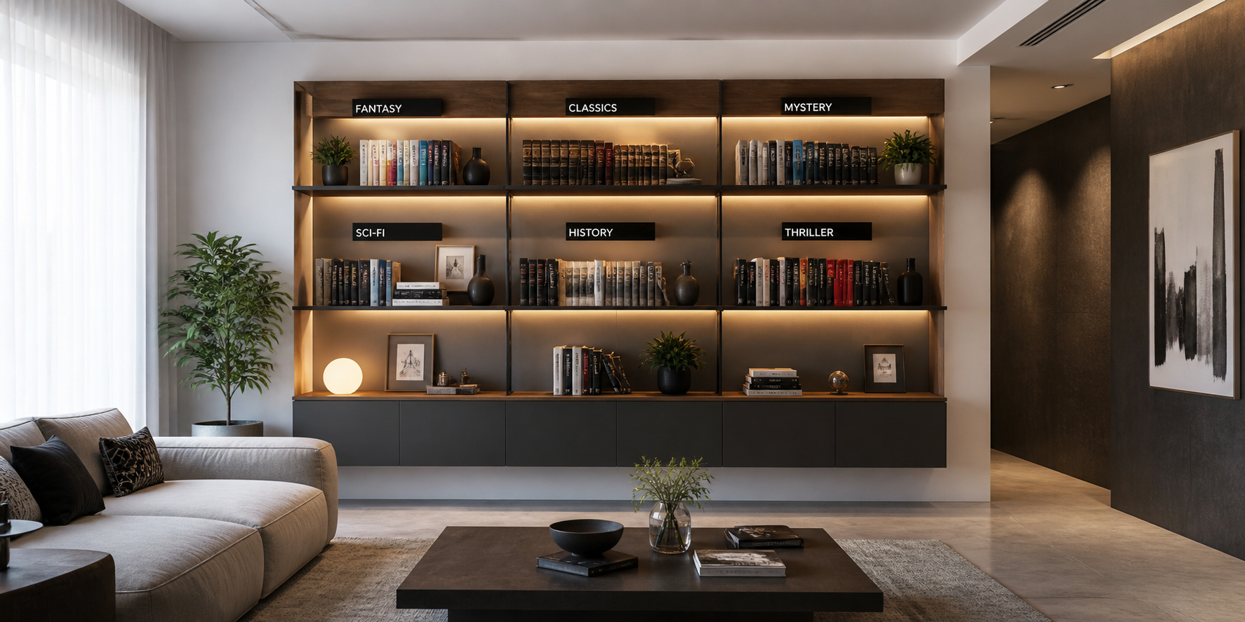 Modern wall rack system with labeled comic sections organized by series, warm accent lighting, and contrasting wall tone