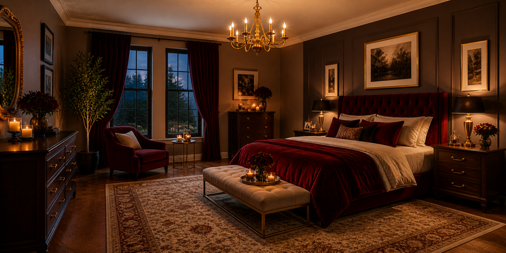 Elegant bedroom with deep red velvet bedding, gold chandelier, dark wood furniture, and warm candlelit ambiance