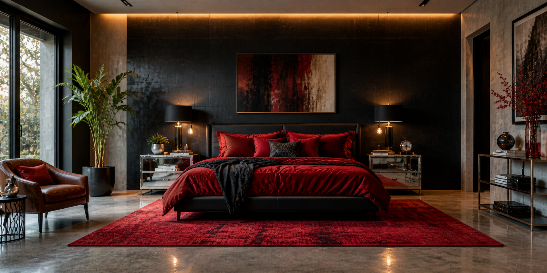 Modern bedroom with black accent wall, red bedding, metallic nightstands, LED ambient lighting, and concrete flooring