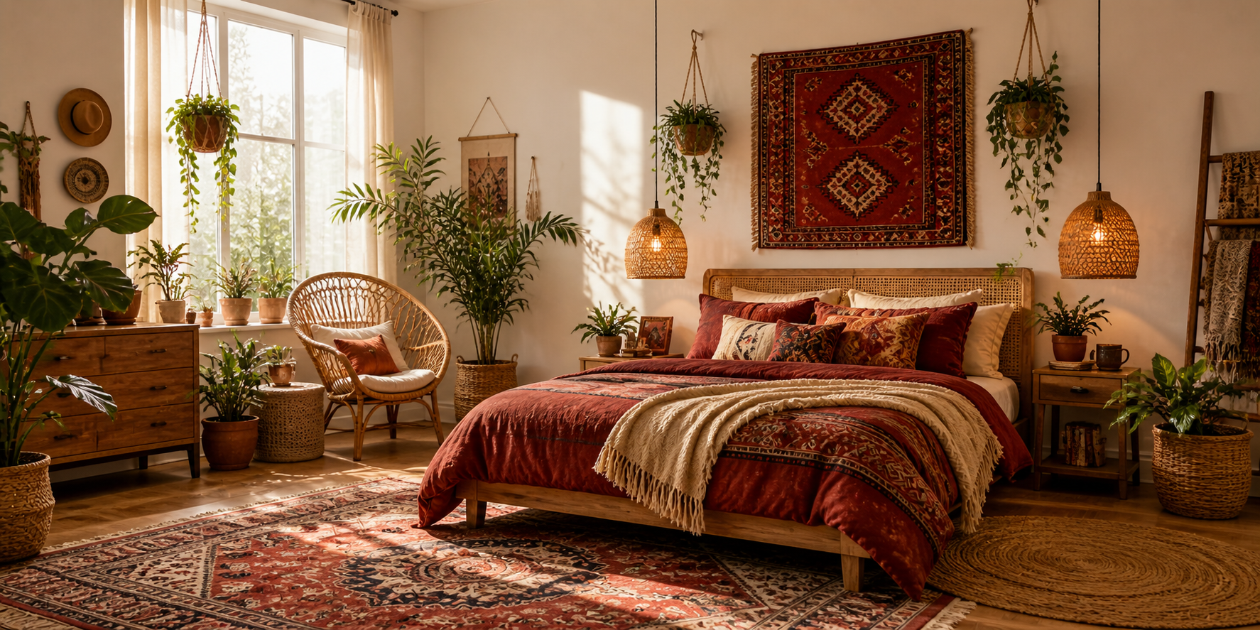 Bohemian bedroom layered with red and terracotta textiles, patterned rugs, hanging plants, and woven pendant lights, morning sunlight
