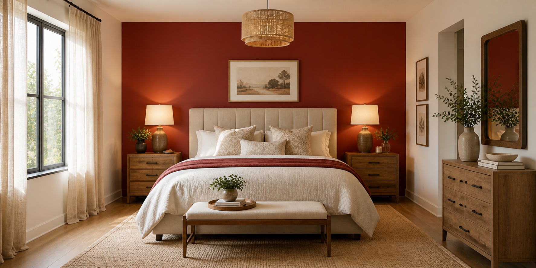 Bedroom with single red accent wall, beige headboard, cream bedding, soft lighting, and wooden nightstands, minimalist cozy vibe