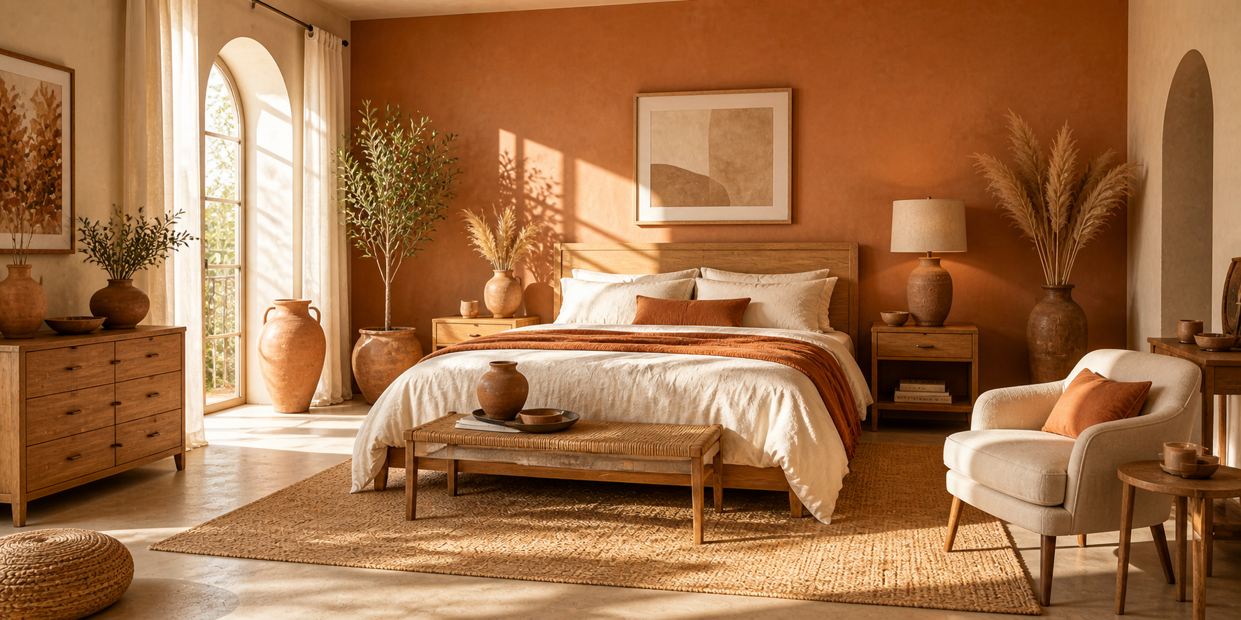 Bedroom with terracotta walls, white linen bedding, oak furniture, clay vases, and pampas decor, warm sunlight streaming in