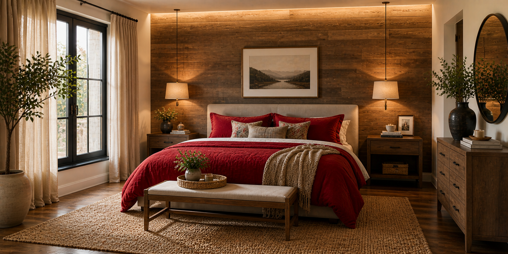 Bedroom with red bedding, wood-paneled wall, woven rug, beige drapes, and soft warm lighting, rustic-meets-modern design