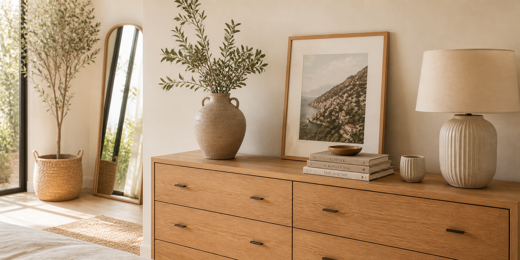 Neutral dresser displaying handcrafted ceramic vase, framed travel photo, and small stack of linen-bound books.