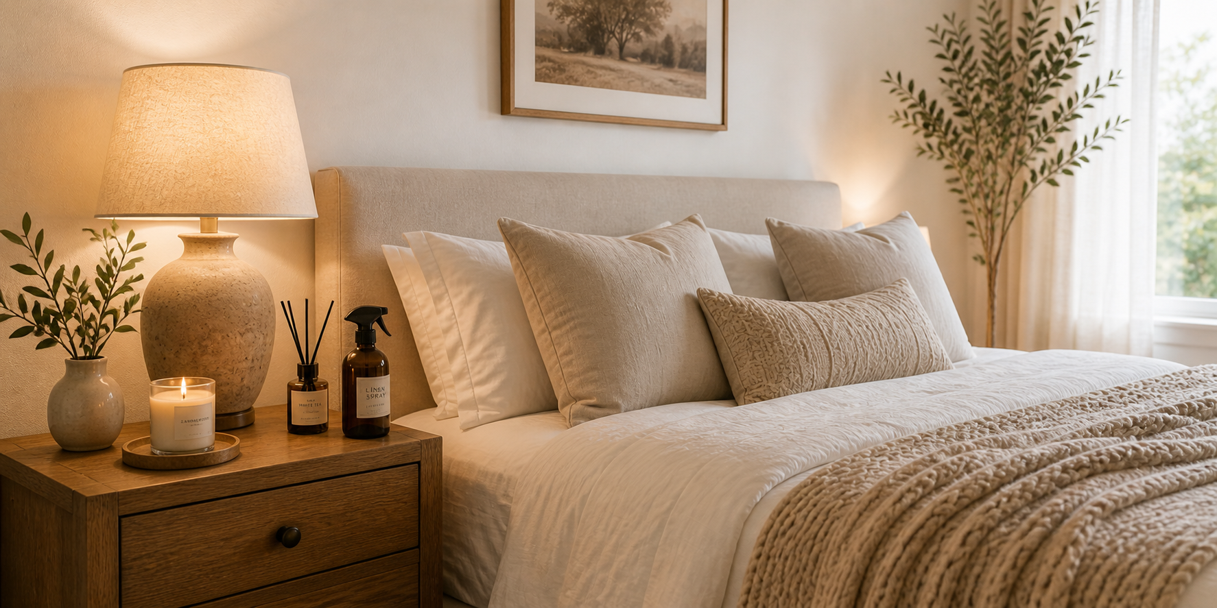 Bedside table featuring a candle, diffuser, linen spray, and soft lamp light in a beige neutral bedroom.