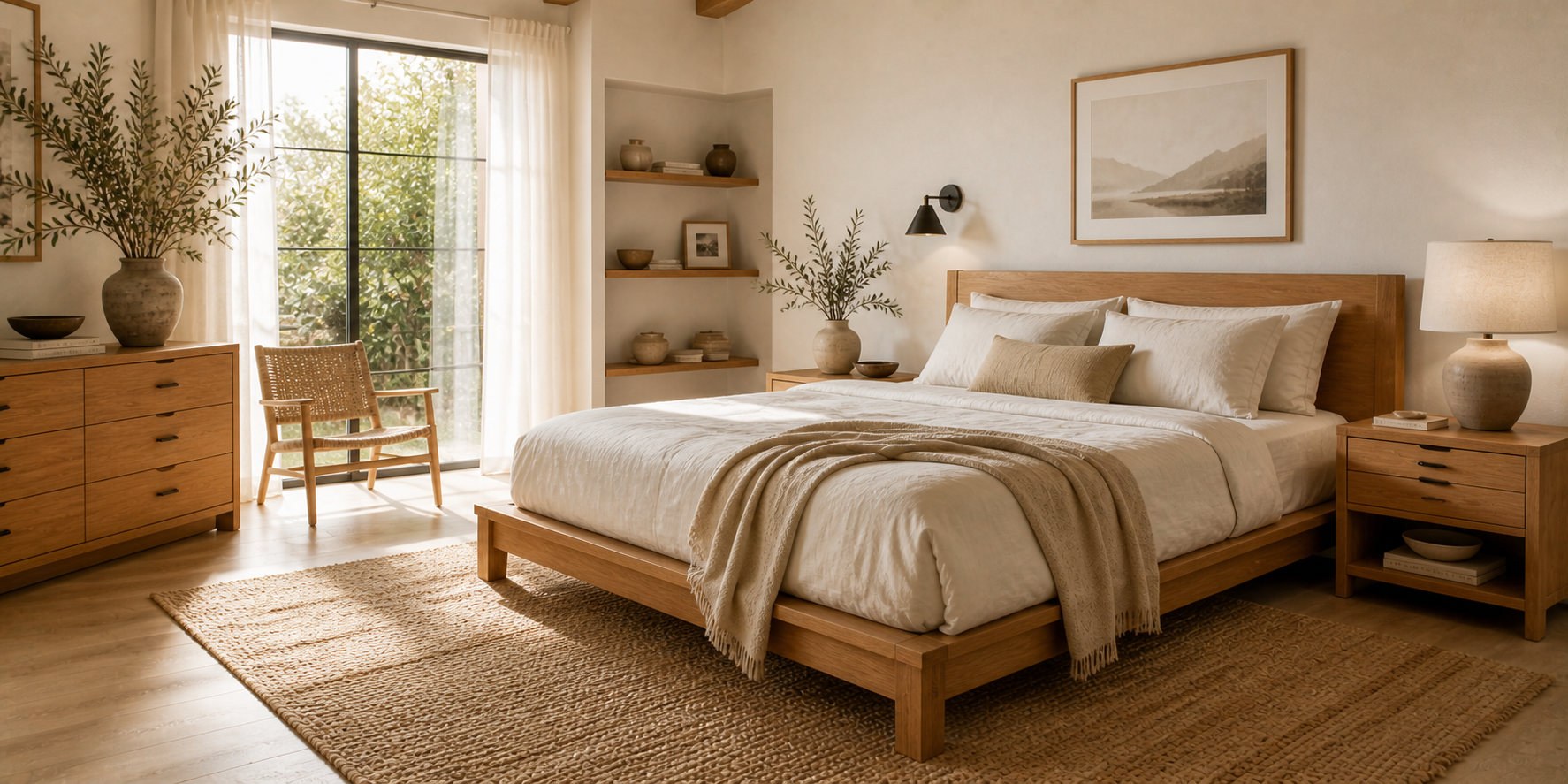 Minimalist bedroom showcasing solid oak furniture, linen bedding, handcrafted pottery, and warm neutral palette.