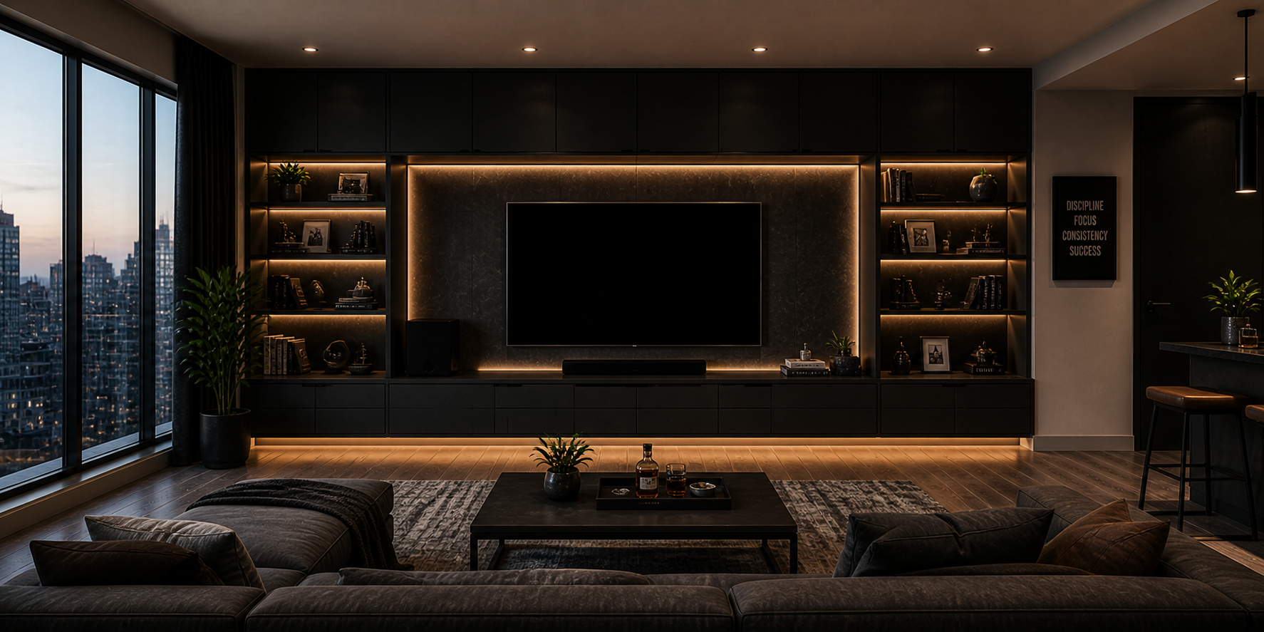 Contemporary bachelor entertainment wall with recessed TV, backlighting, and matte black shelving integrated into dark decor.