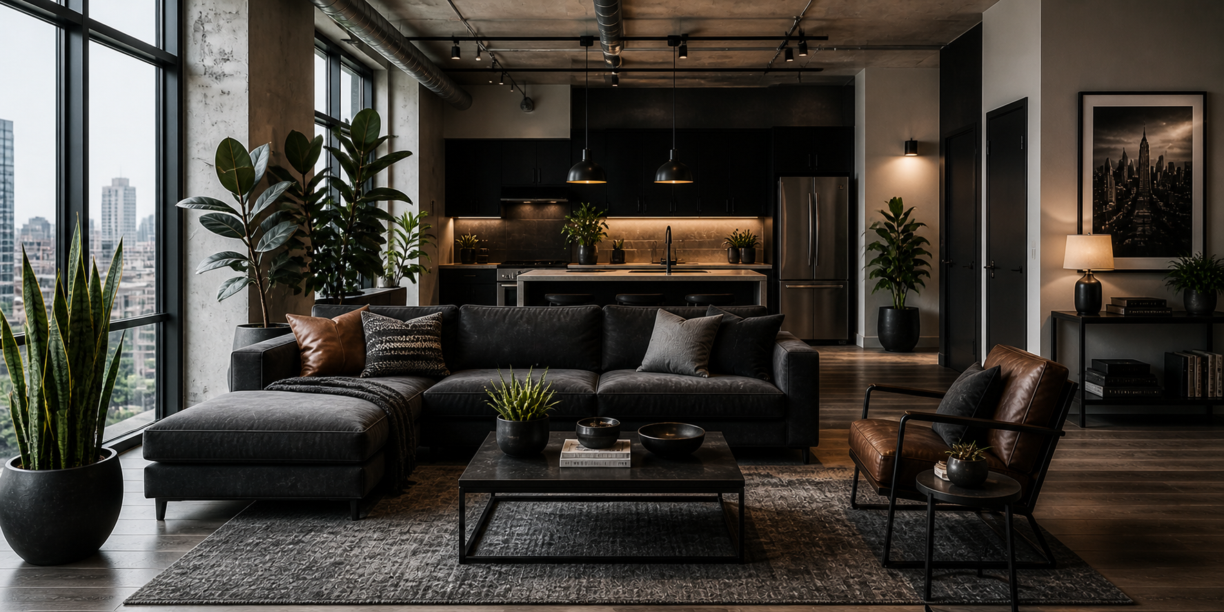 Bachelor apartment with snake plants, rubber figs, and dark planters adding natural balance to industrial-modern decor.